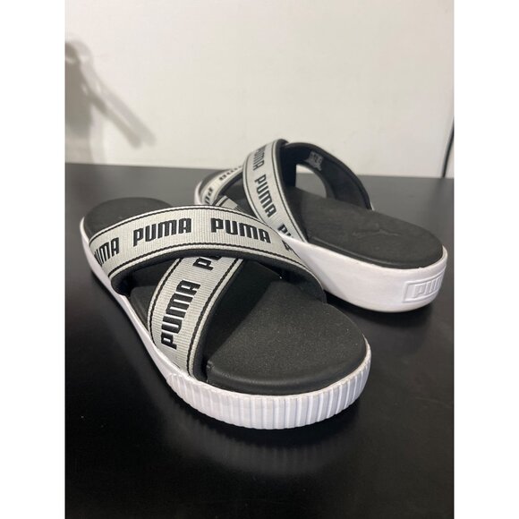 Puma Platform Tape Slide Sandals Black White Women’s 8.5 - Picture 2 of 9